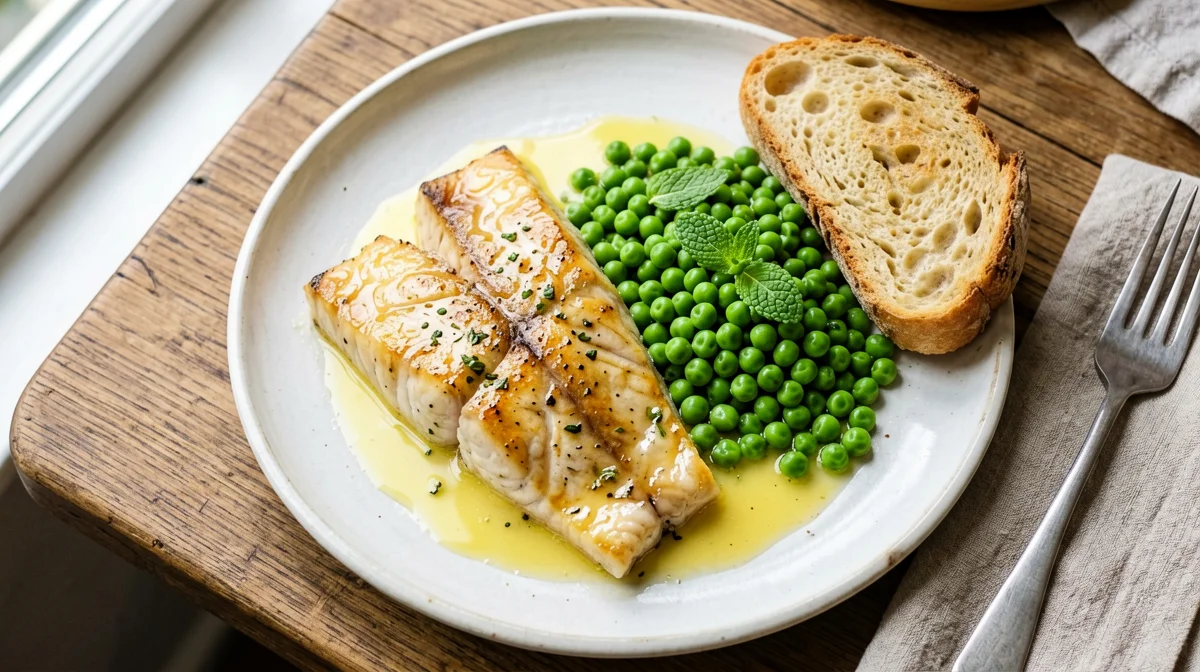 Pan-cooked sole with minted peas and bread