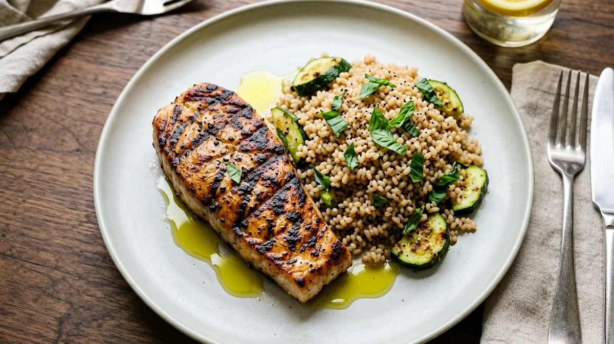 Grilled amberjack with zucchini and farro