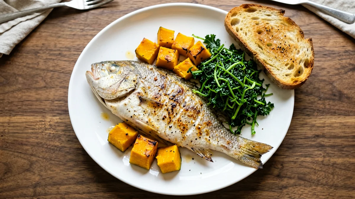 Pesce San Pietro con zucca, cavolo nero e pane tostato