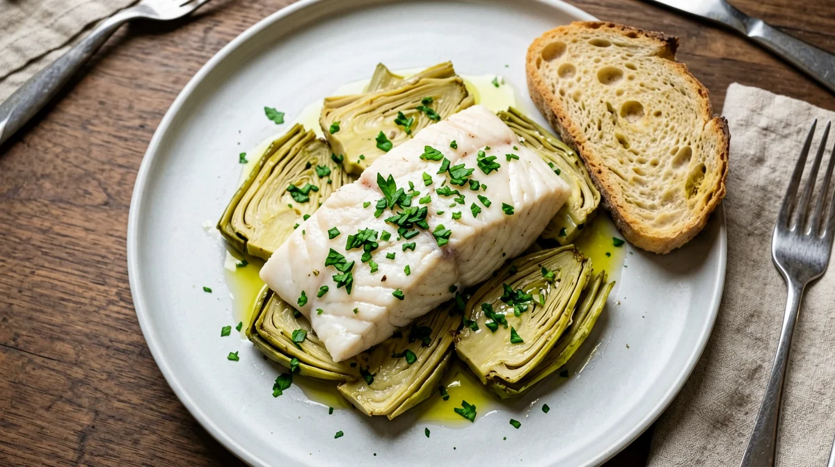 Cod with pan-cooked artichokes and bread