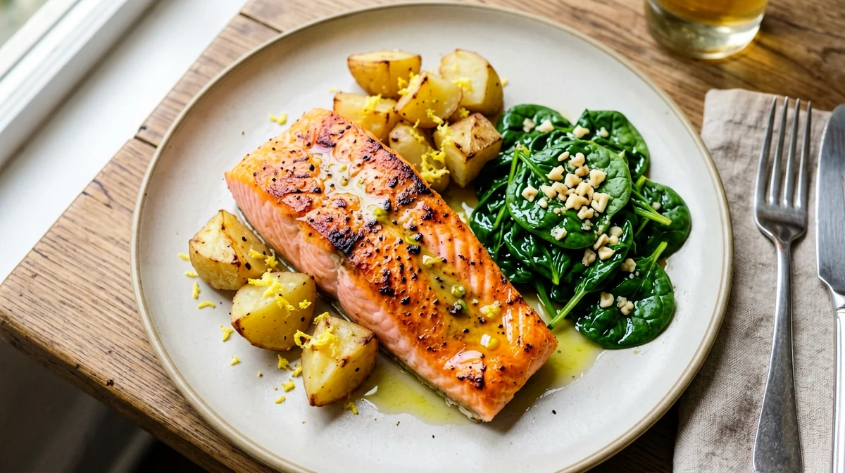 Salmone al forno con spinaci e patate al limone
