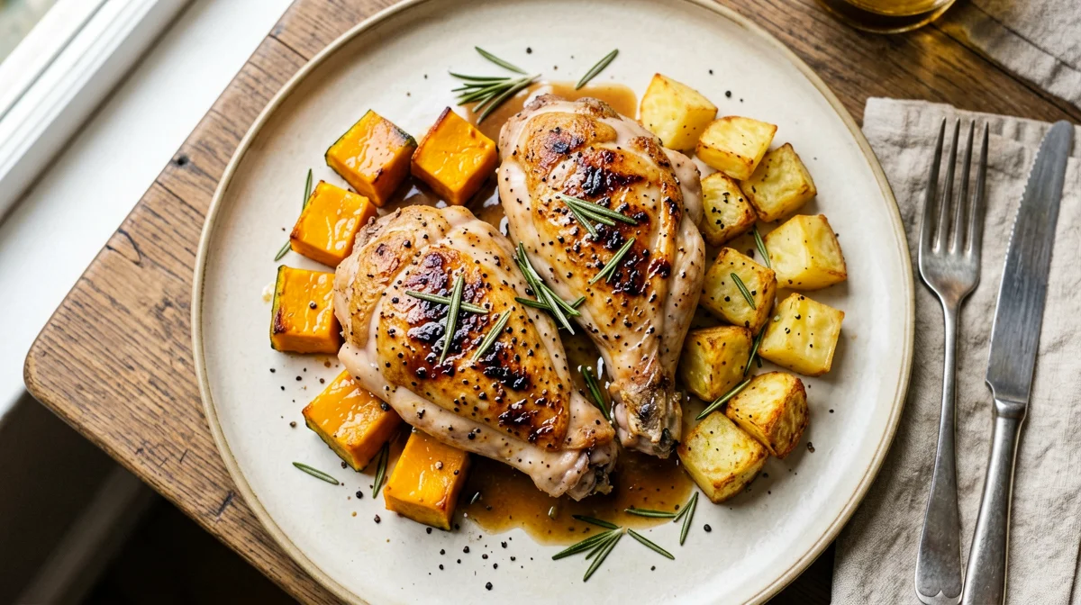 Pollo al forno con zucca e rosmarino