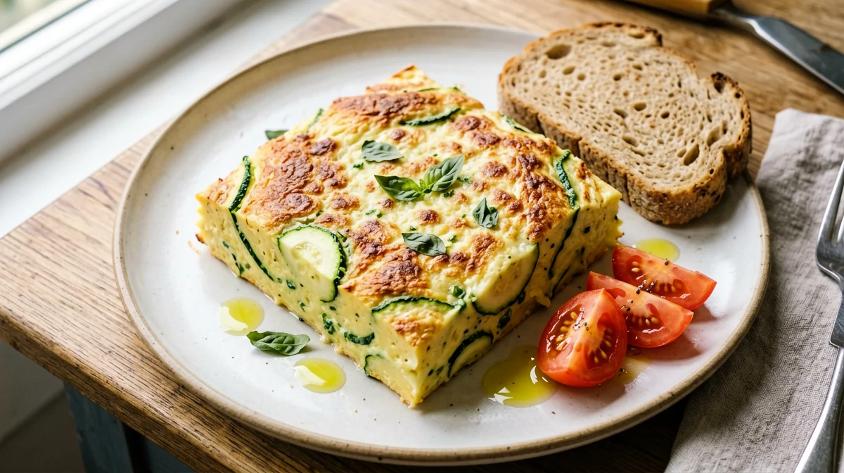 Baked zucchini and basil frittata with tomatoes and wholemeal bread