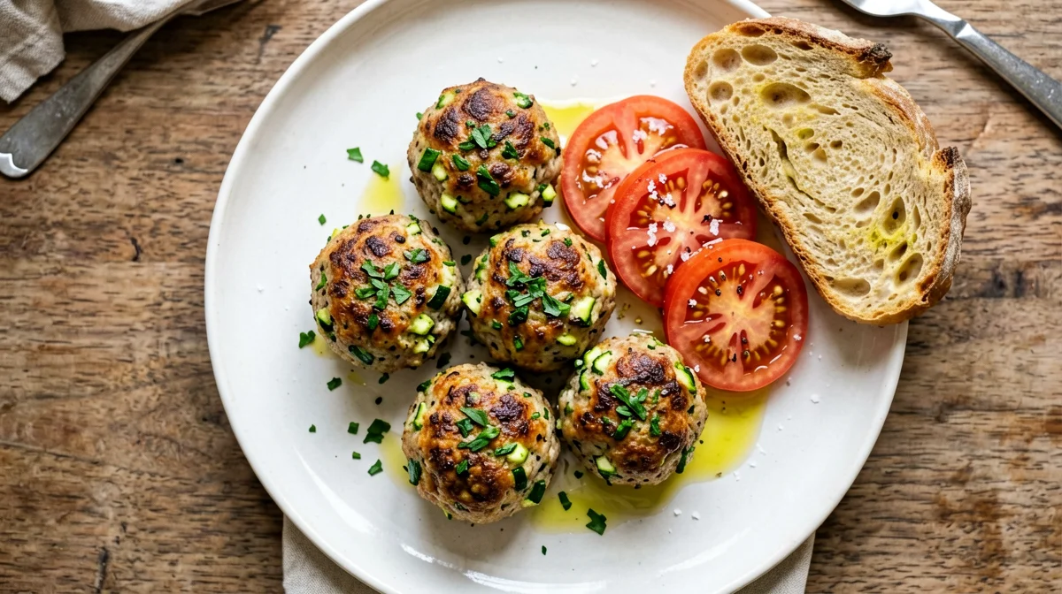 Polpette di tacchino e zucchine al forno con insalata di pomodori e pane