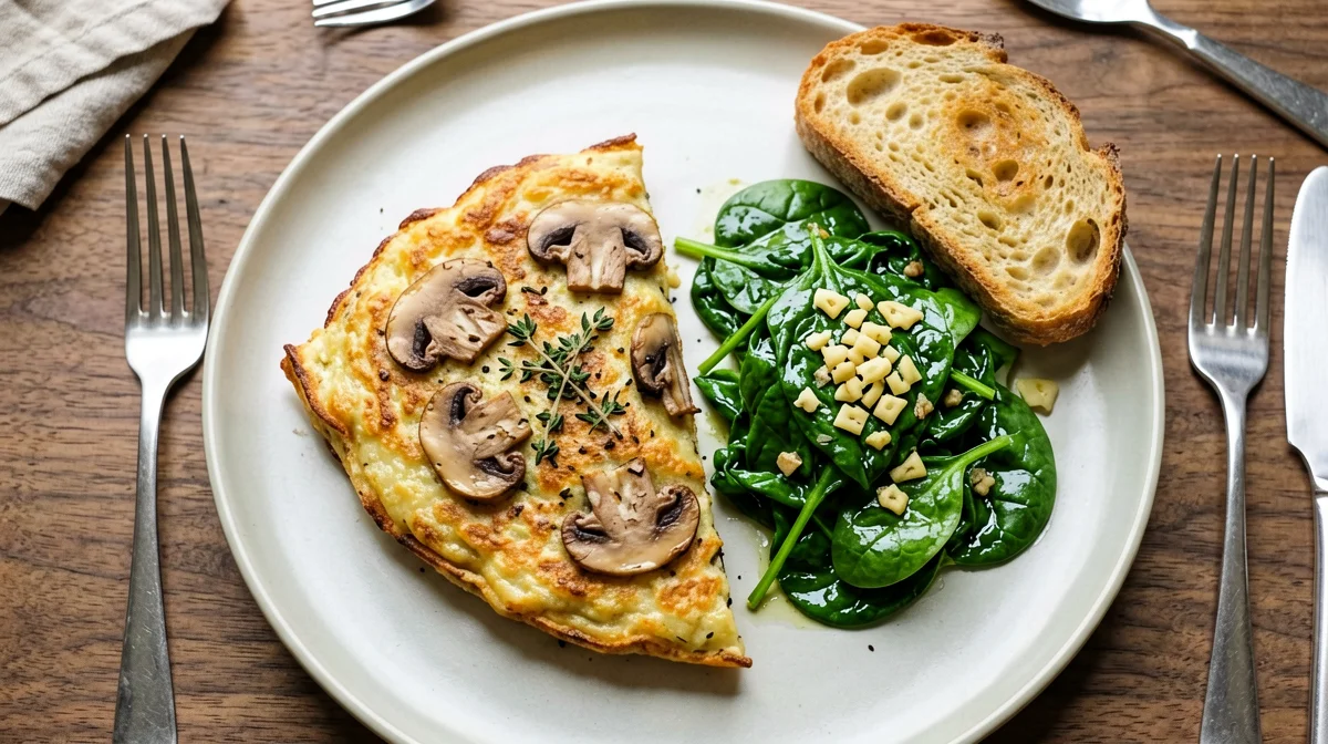 Frittata di funghi champignon e timo con spinaci saltati e pane