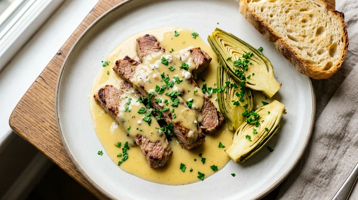 Lemon veal strips with sautéed artichokes and bread