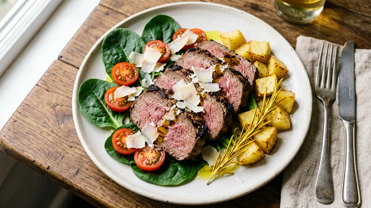 Sliced beef steak with rocket, Grana and cherry tomatoes, with roast potatoes