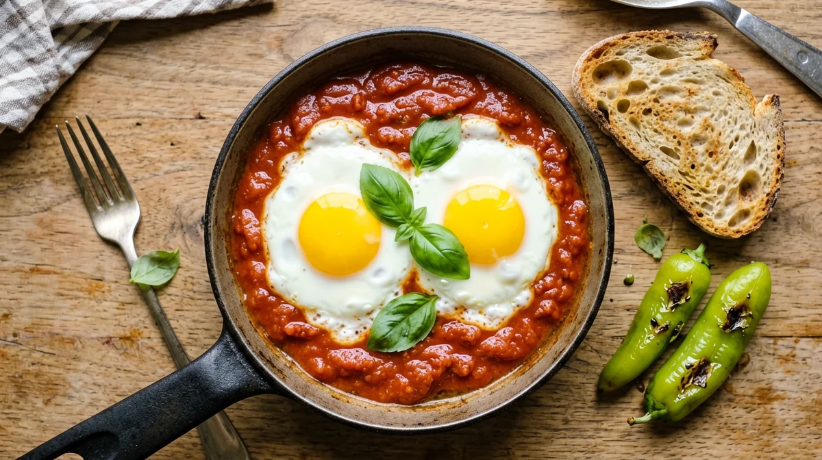 Uova in purgatorio con friggitelli e pane