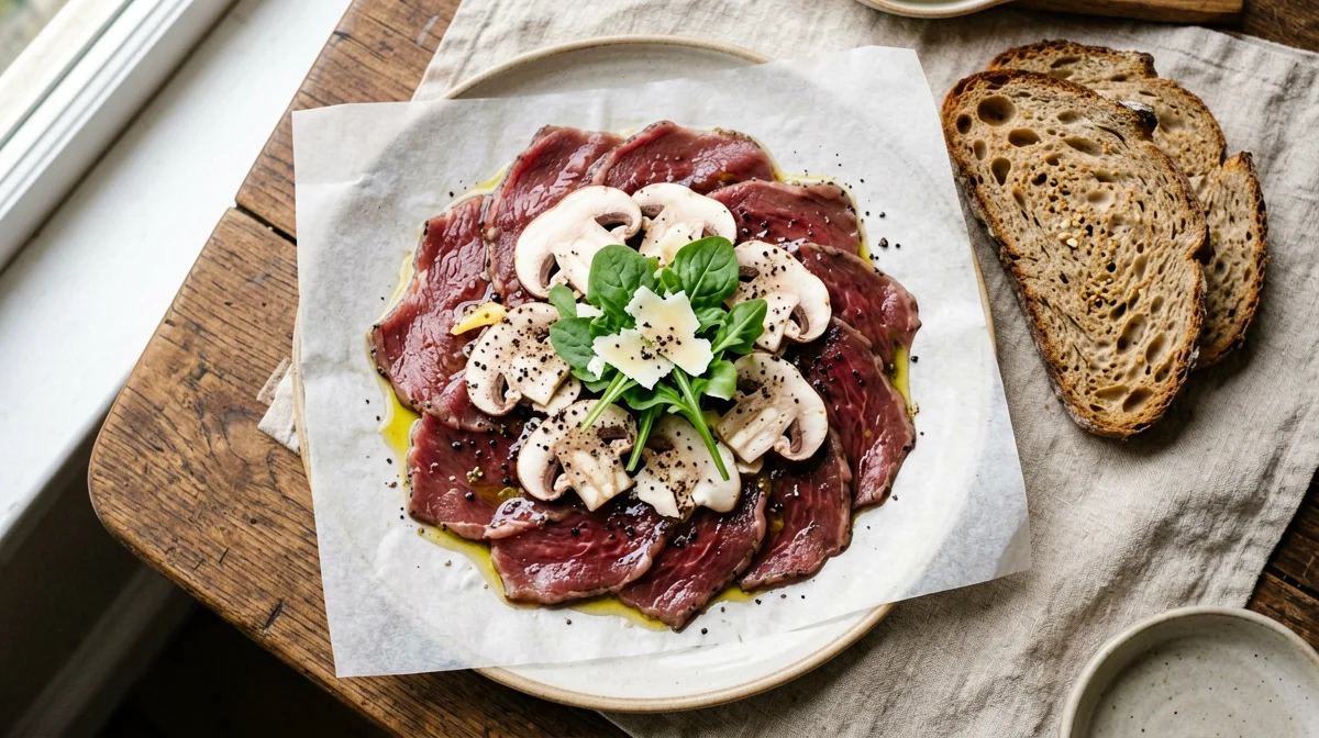 Carpaccio di manzo con funghi champignon, rucola e grana