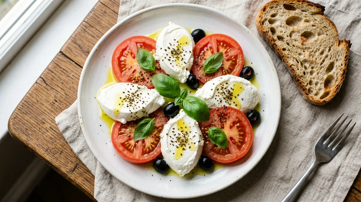 Buffalo mozzarella caprese with tomatoes, olives and rustic bread