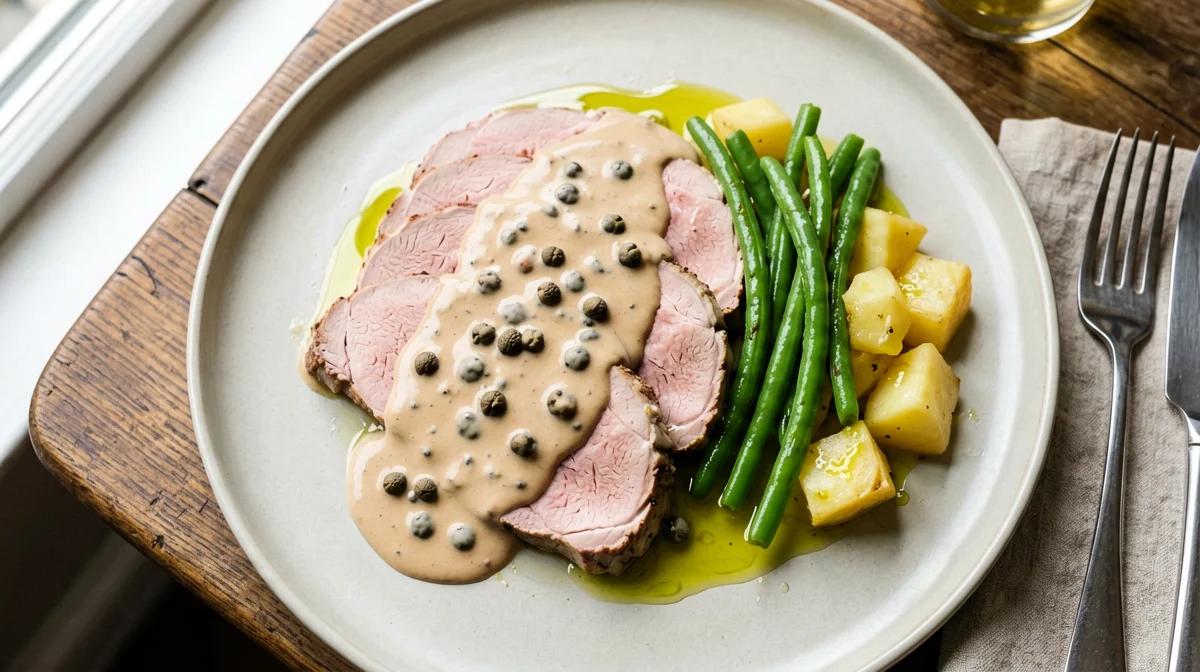 Light vitello tonnato with green beans and potatoes