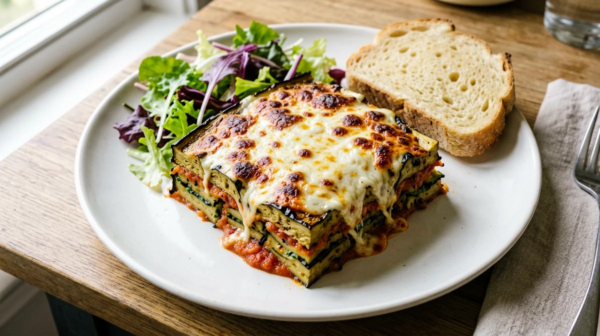 Light aubergine parmigiana with green salad