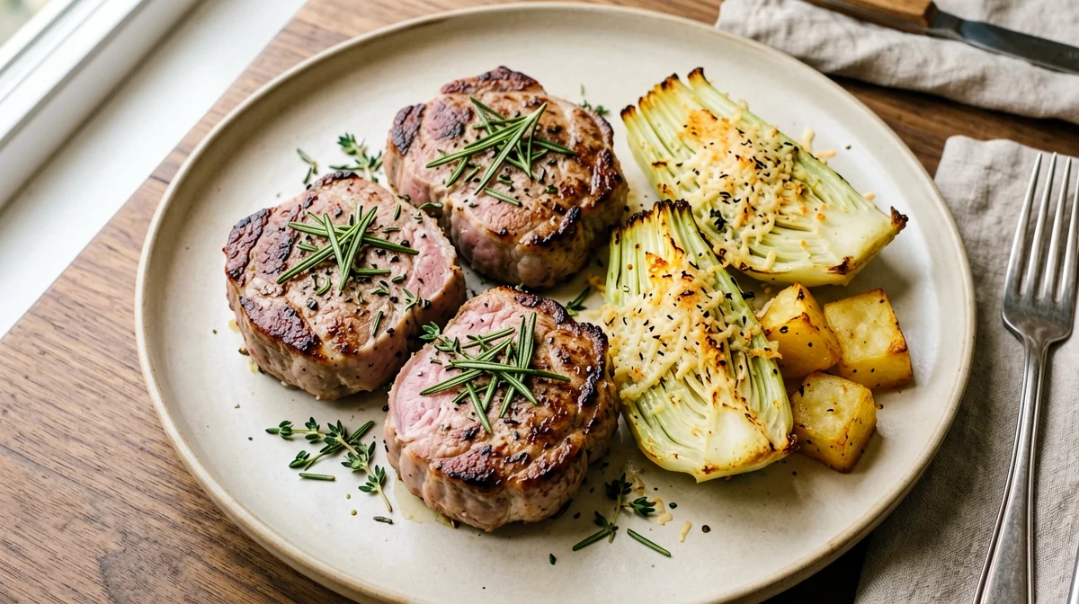Filetto di maiale alle erbe con patate e finocchi gratinati