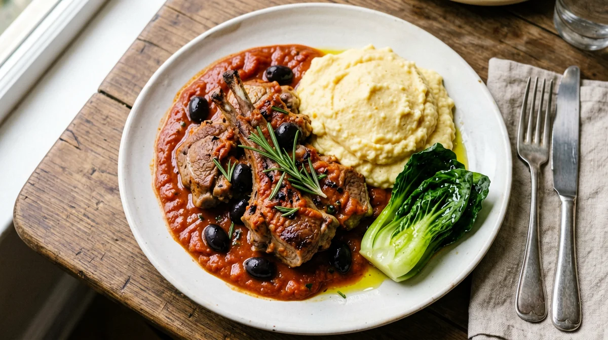 Rabbit cacciatore with polenta and chicory