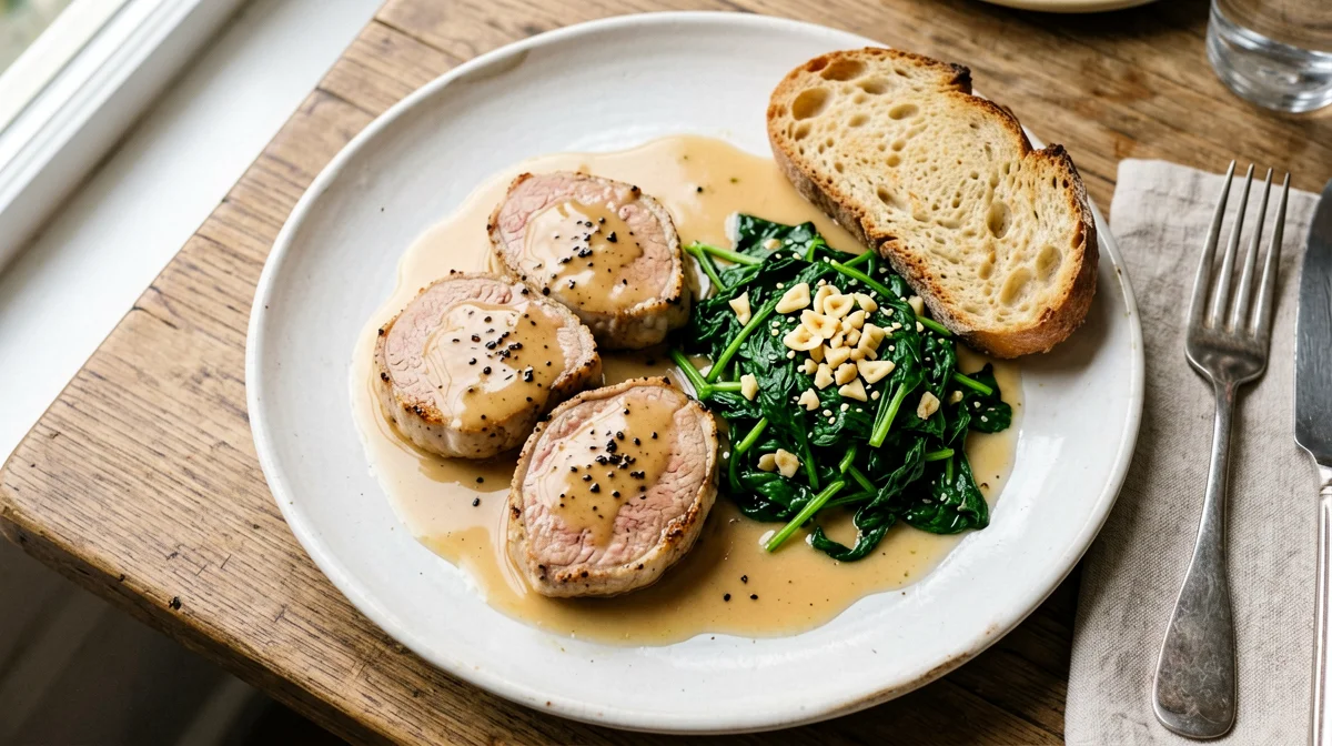 Scaloppine di vitello al vino bianco con spinaci saltati e pane
