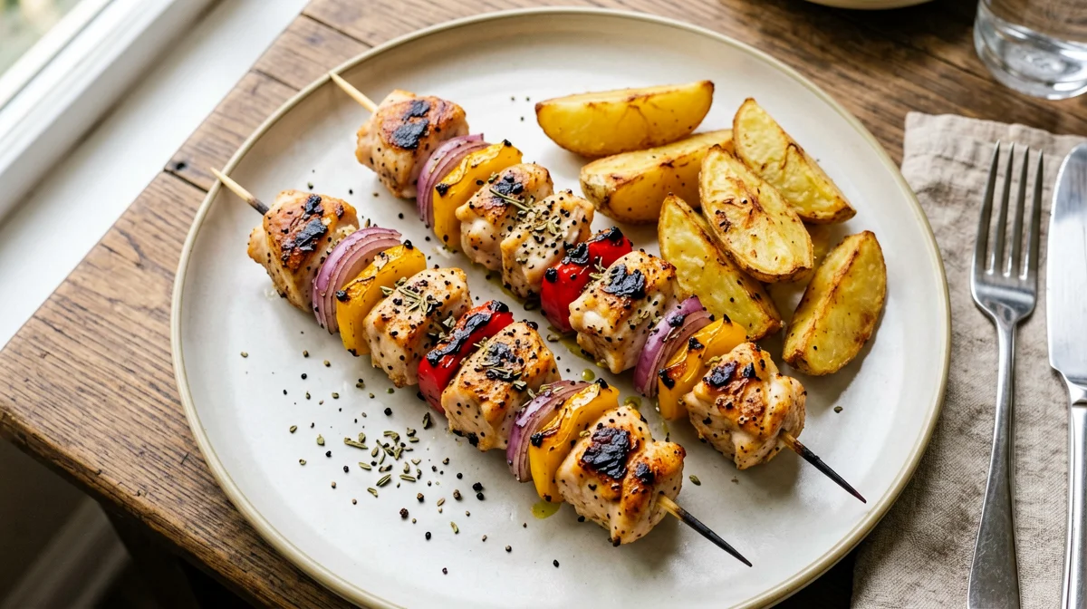 Chicken and pepper skewers with new potatoes