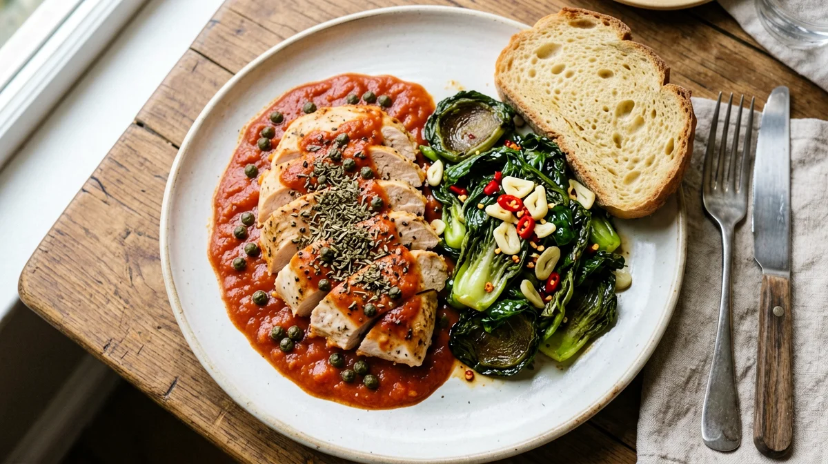 Chicken pizzaiola with turnip tops and bread