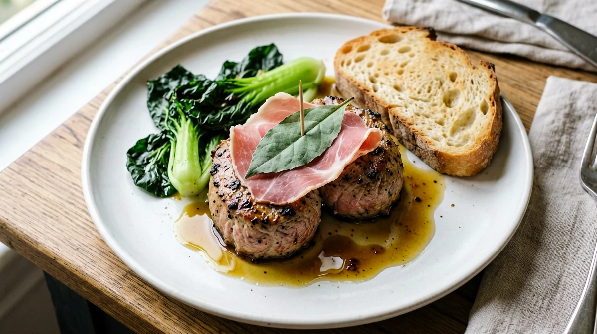 Saltimbocca alla romana with sautéed chicory and bread