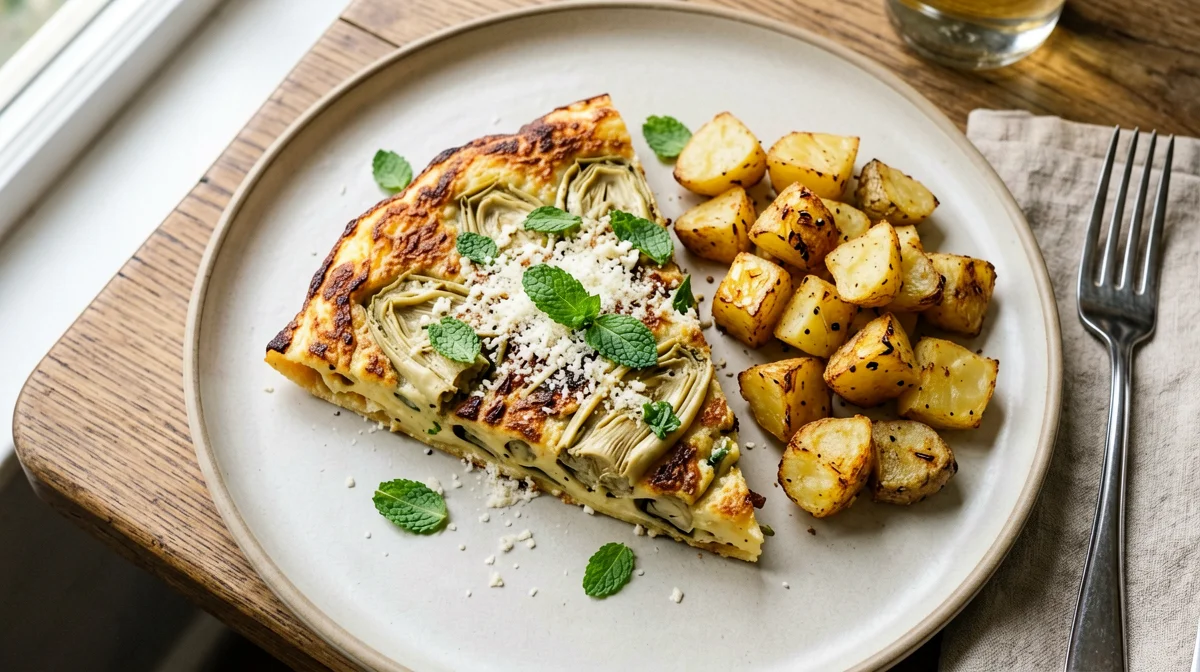 Artichoke and mint frittata with roast potatoes