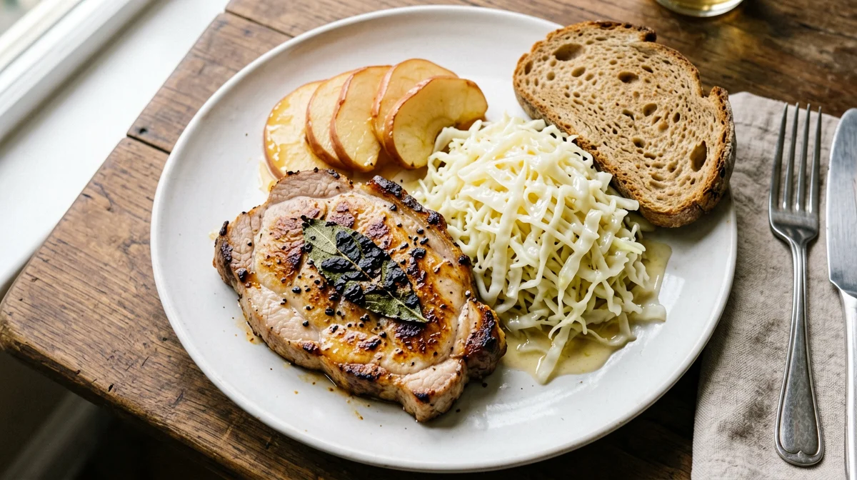 Lonza di maiale alle mele con cavolo cappuccio e pane integrale