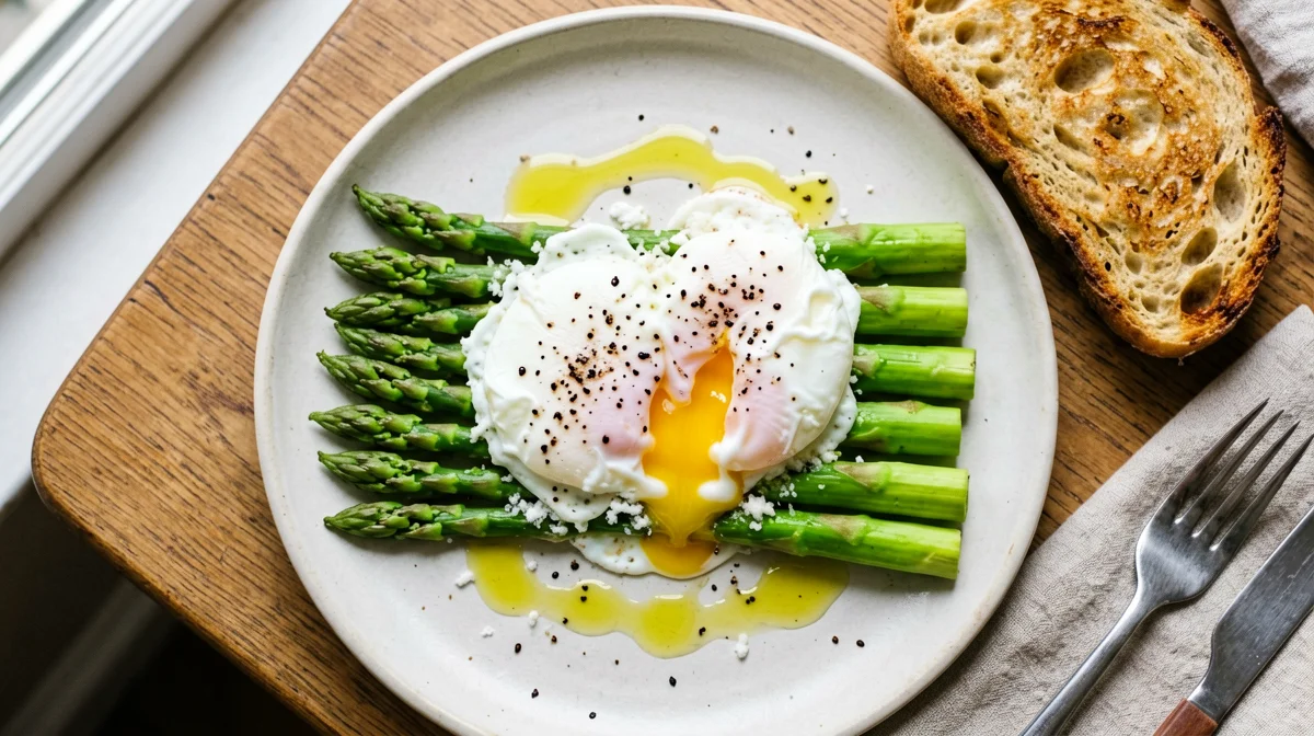 Uova in camicia con asparagi, grana e pane