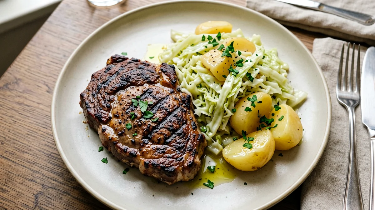 Braciole di maiale ai ferri con verza stufata e patate