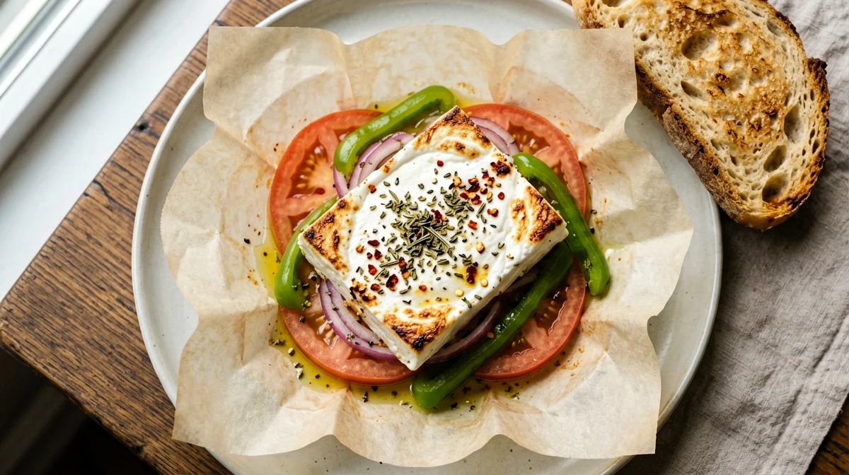 Baked feta with tomatoes, peppers and bread