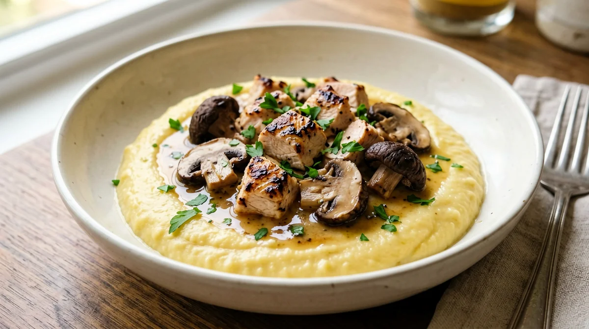Turkey morsels with mushrooms and polenta