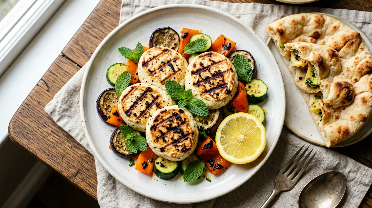 Halloumi alla griglia con verdure arrosto e pane pita