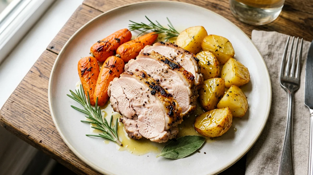 Roast turkey breast with carrots and rosemary potatoes