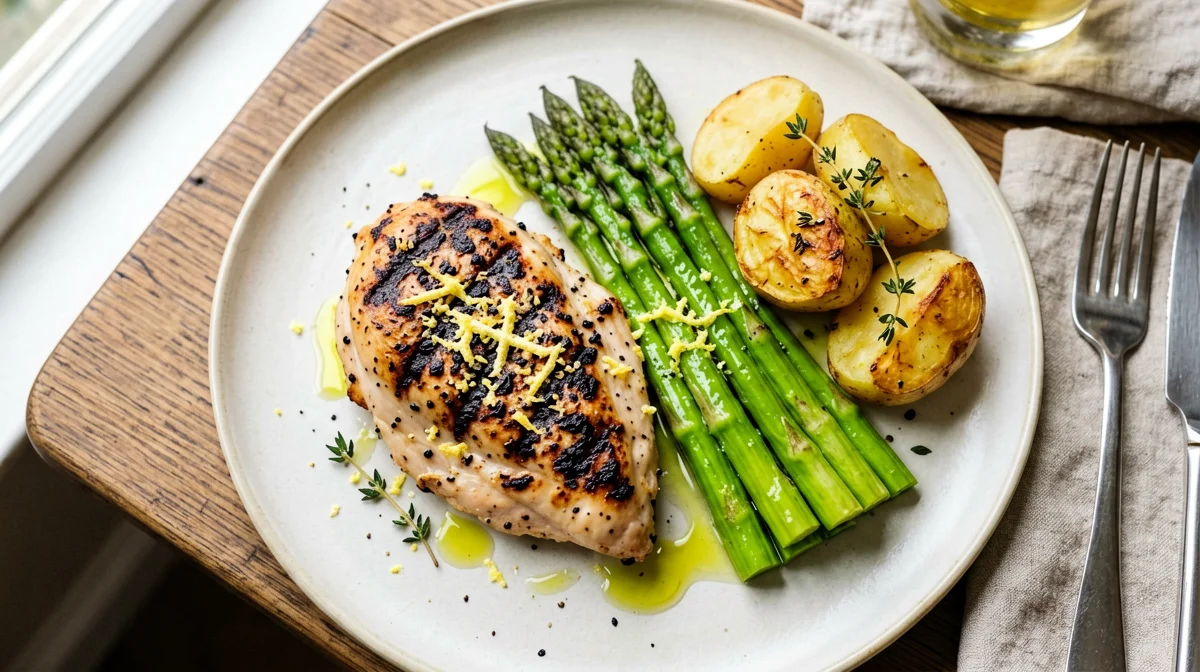 Lemon chicken breast with asparagus and new potatoes