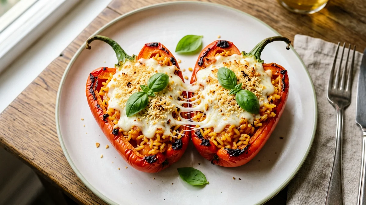 Peppers stuffed with rice, mozzarella and basil