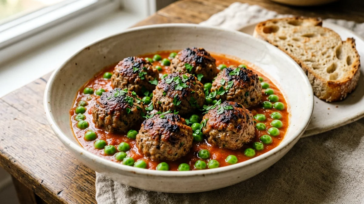 Polpette di manzo al sugo con piselli e pane