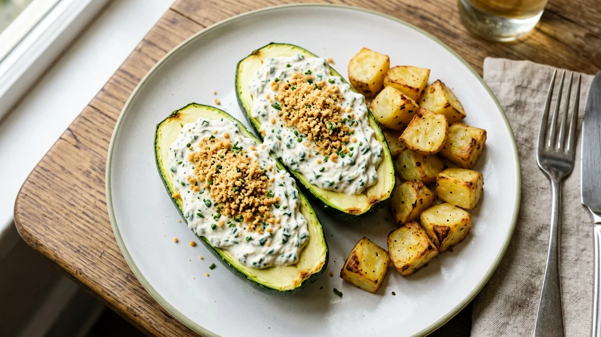 Zucchini stuffed with ricotta, Grana and mint, with roast potatoes