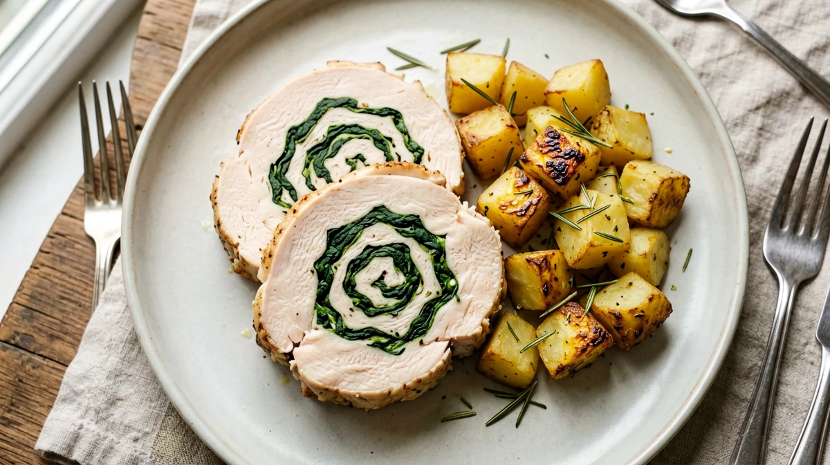 Turkey and spinach meatloaf with roast potatoes