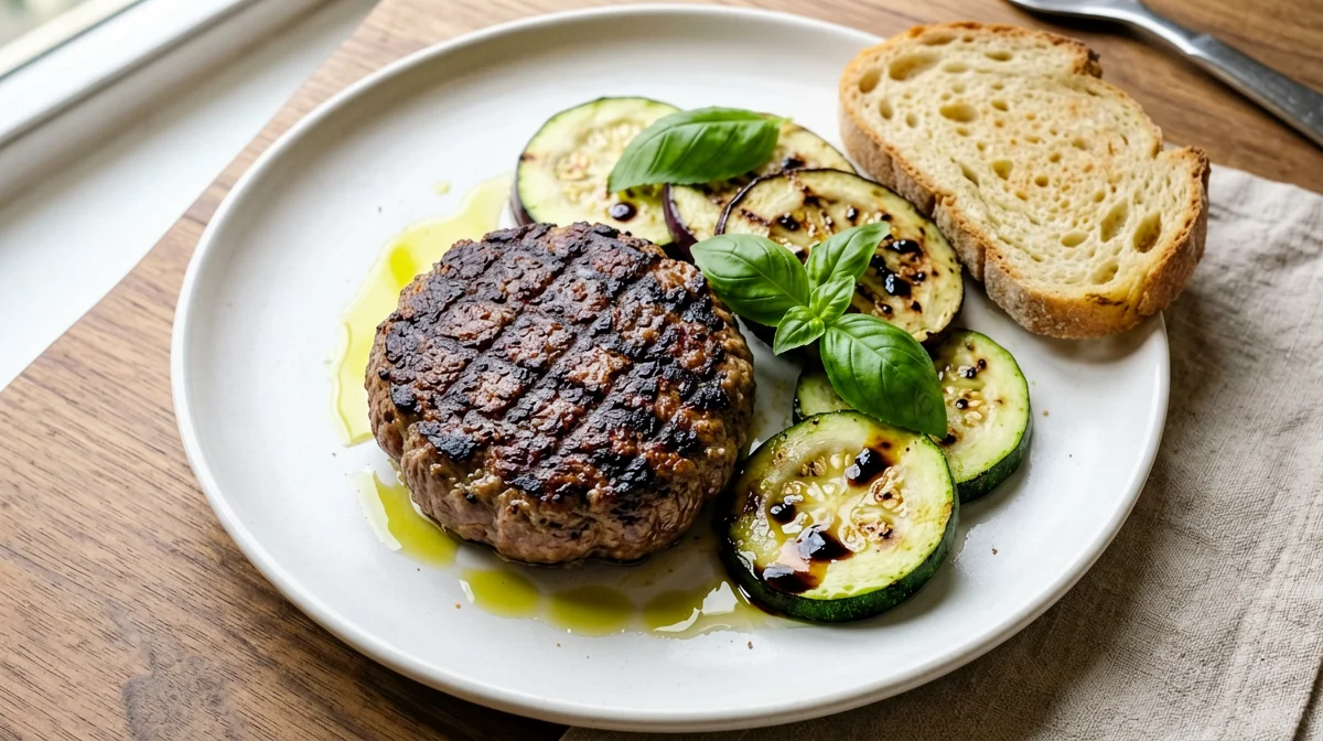 Beef burger with grilled vegetables and bread