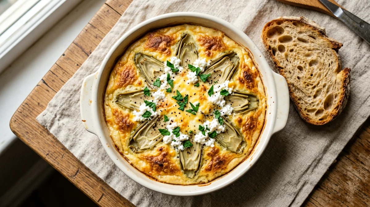 Baked artichoke and ricotta tortino with bread