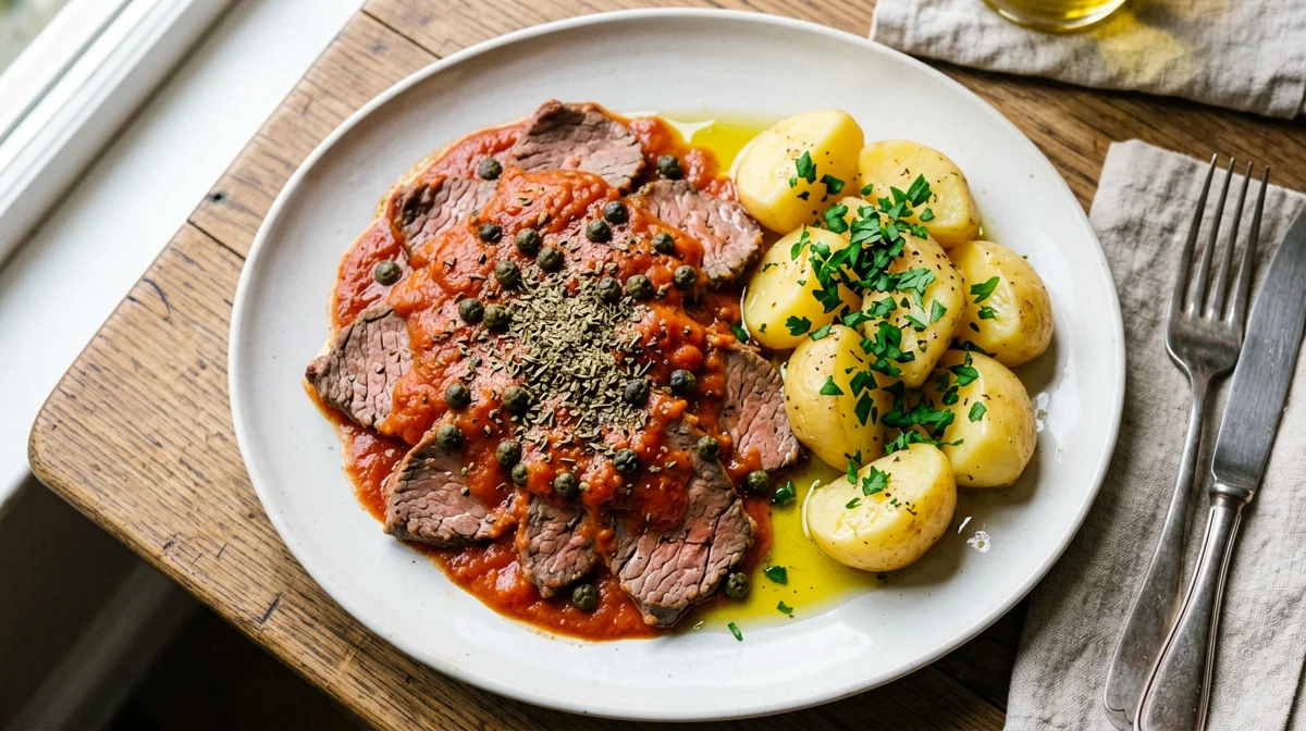 Beef pizzaiola with parsley potatoes
