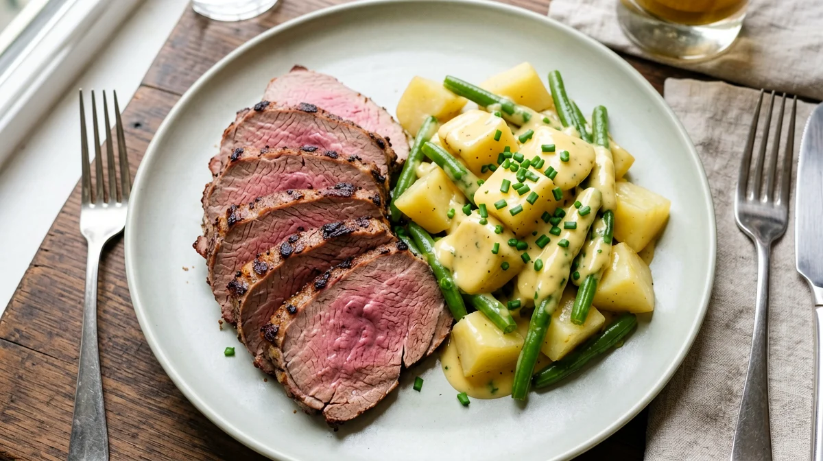 Roast beef with warm potato and green bean salad