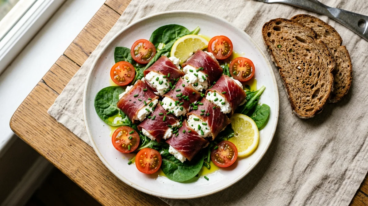 Involtini di bresaola e caprino con rucola e pane di segale