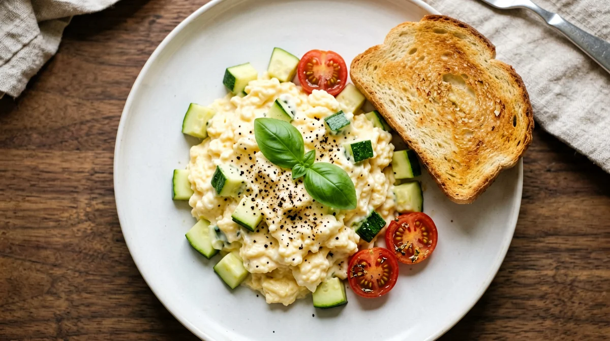 Uova strapazzate ai pomodorini con zucchine e pane tostato
