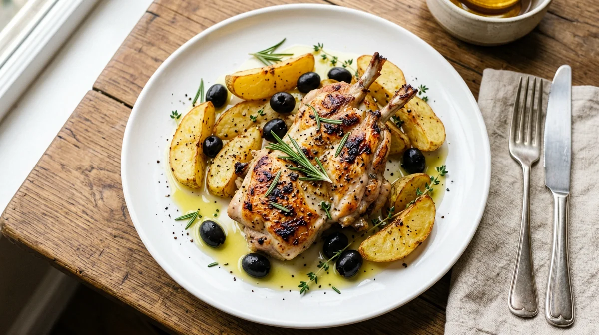 Coniglio al forno con olive e patate