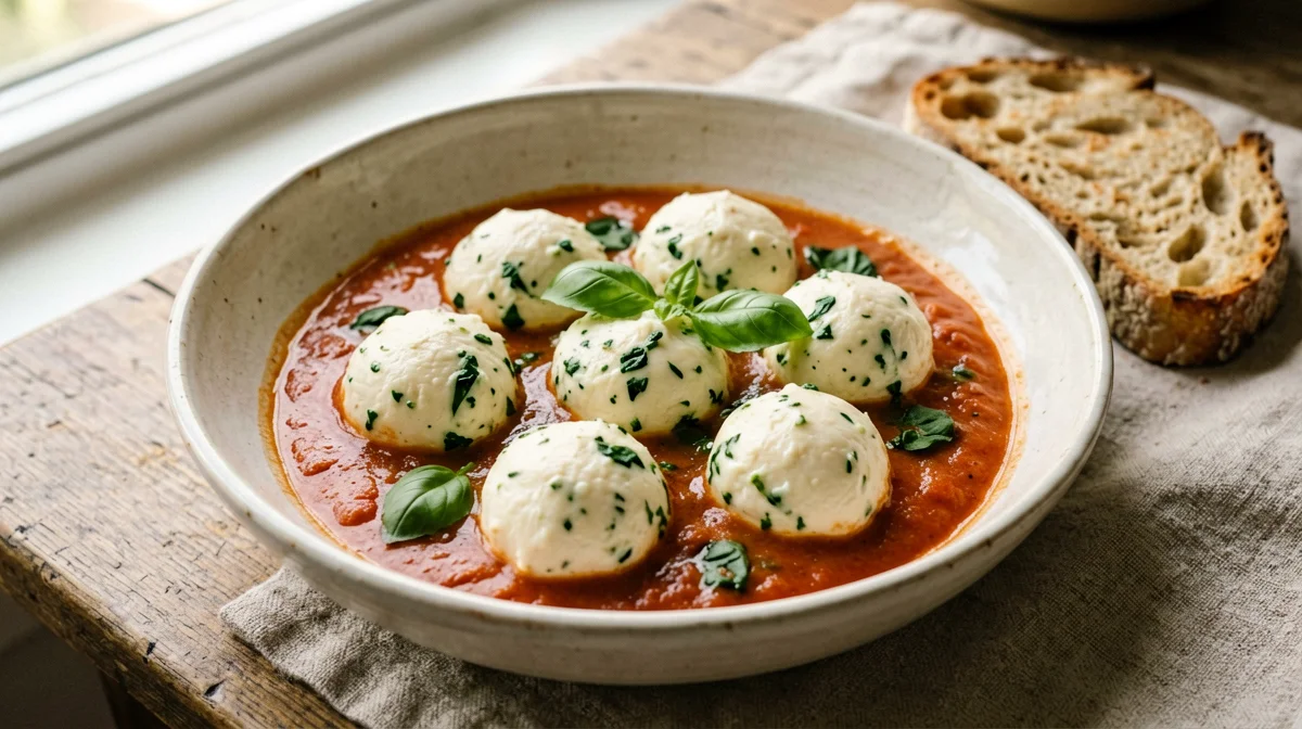 Polpette di ricotta e spinaci al sugo con pane