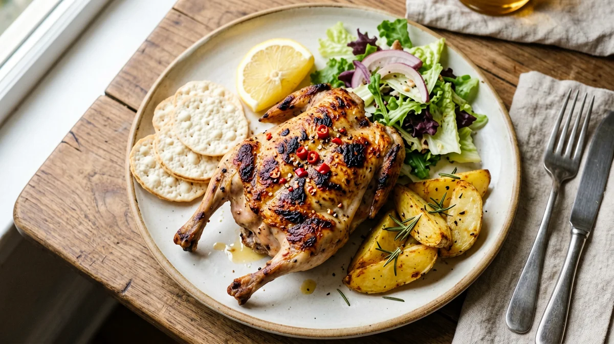 Spatchcocked devilled poussin with roast potatoes and salad
