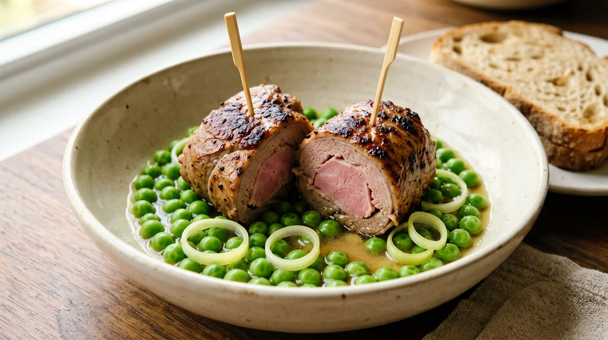 Veal rolls with ham and peas