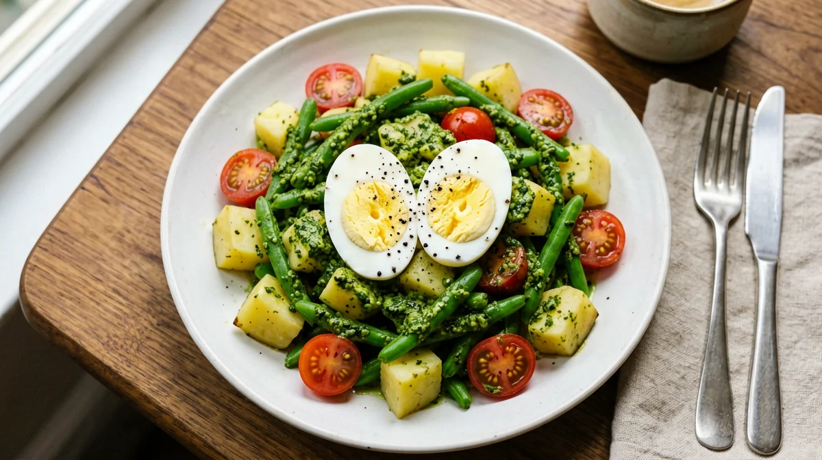 Uova sode con insalata di patate e fagiolini al pesto