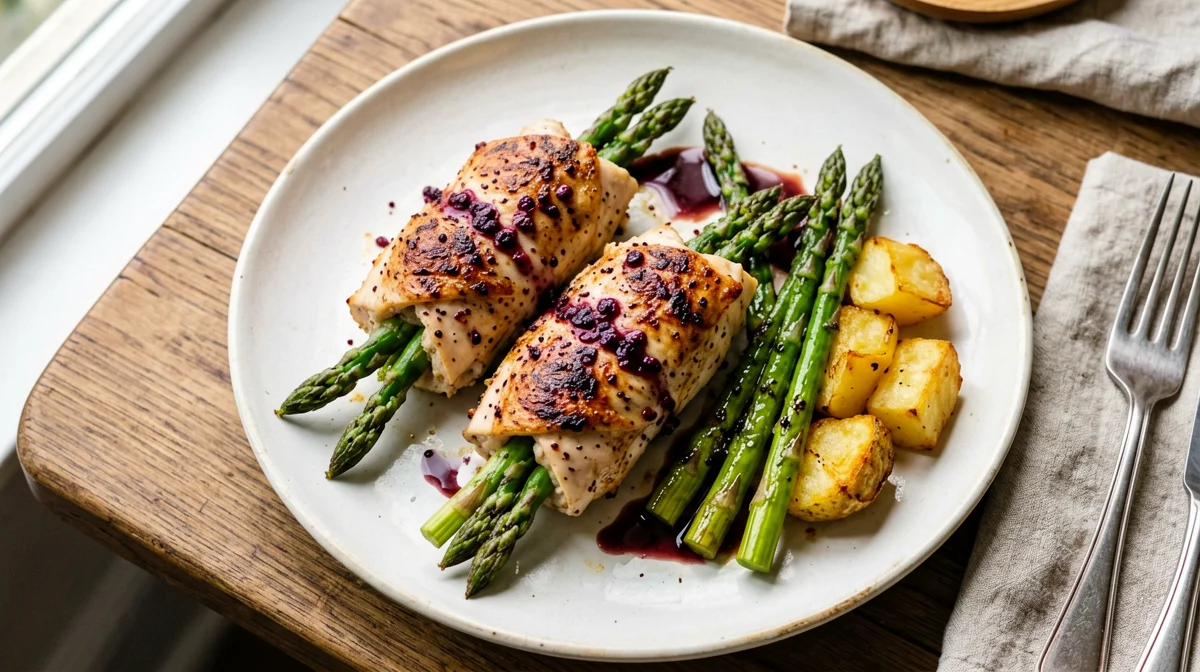 Chicken rolls with speck and asparagus, with roast potatoes