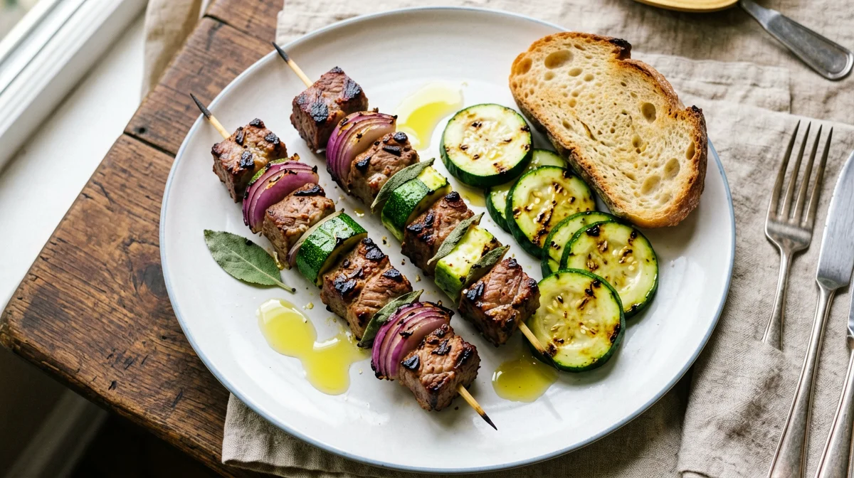Spiedini di lonza, cipolla rossa e zucchine con pane