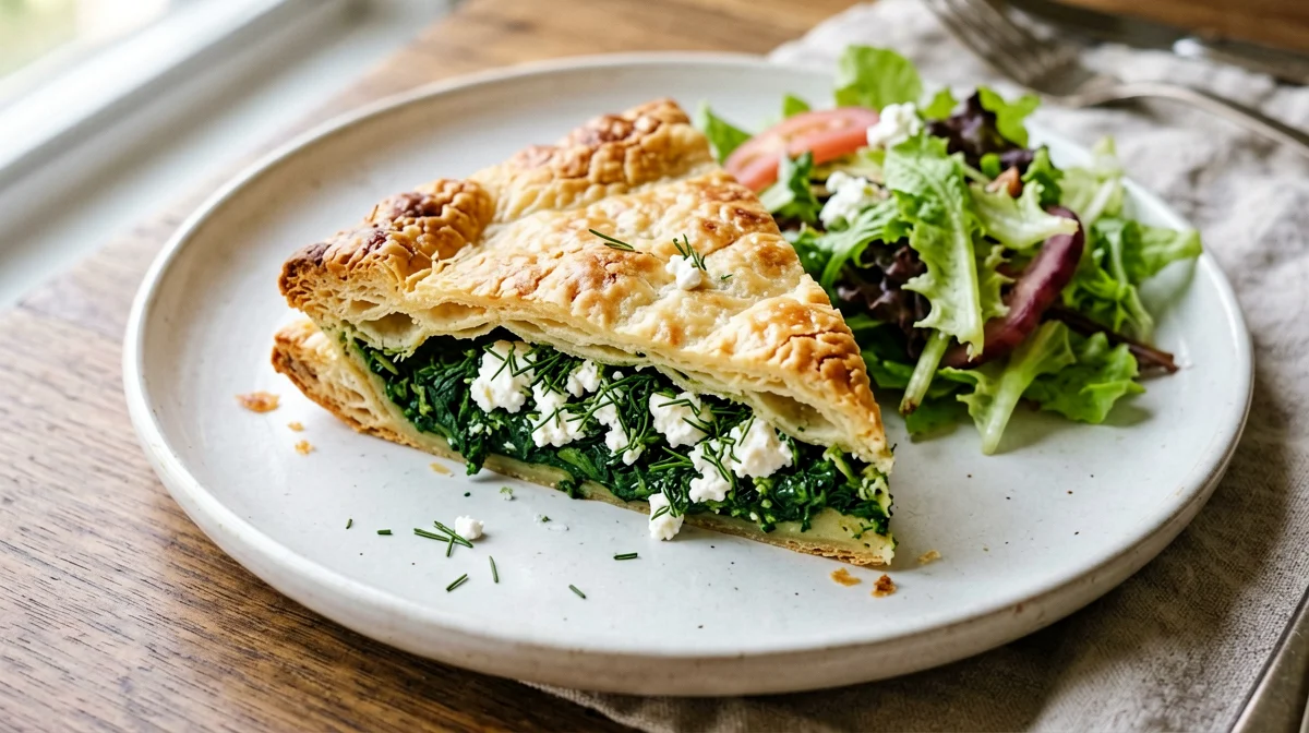 Torta di spinaci e feta in pasta fillo con insalata