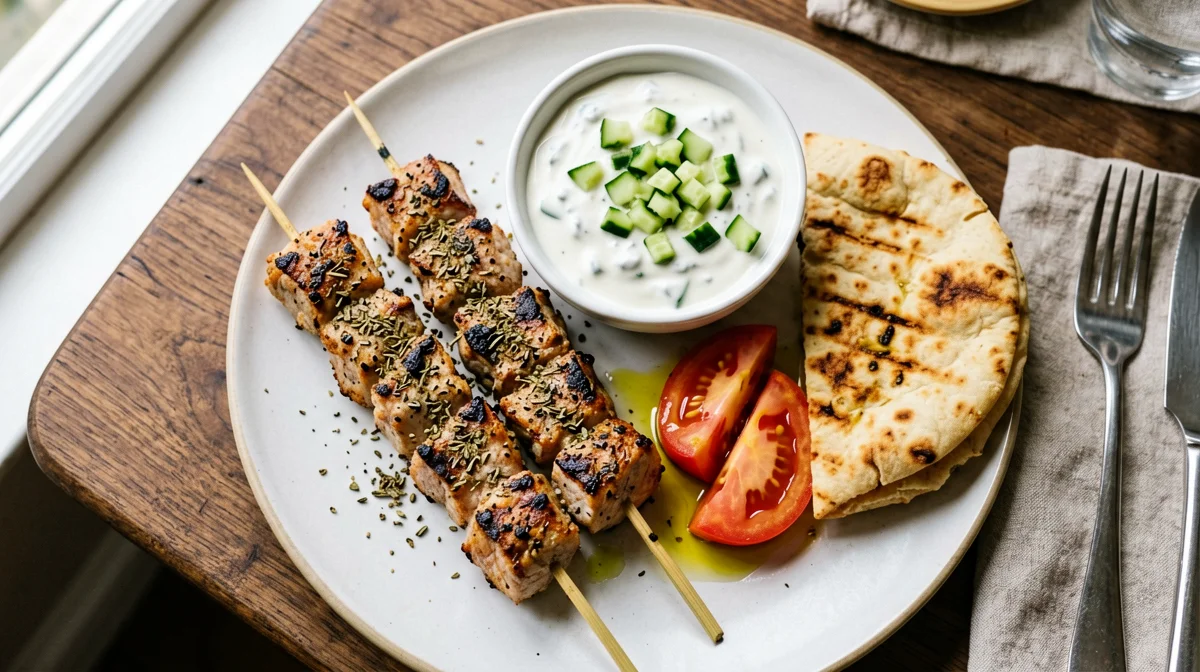 Souvlaki di maiale con tzatziki, pomodori e pita